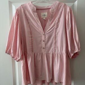 Umgee Blush Striped Blouse with Button Detail - NWT